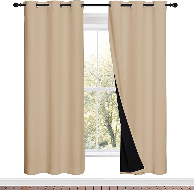 NICETOWN Living Room Completely Shaded Draperies, Privacy Protection & Noise Reducing Ring Top Drapes, Black Lined Insulated Window Treatment Curtain Panels(Biscotti Beige, 2 Pieces, W42 x L72)