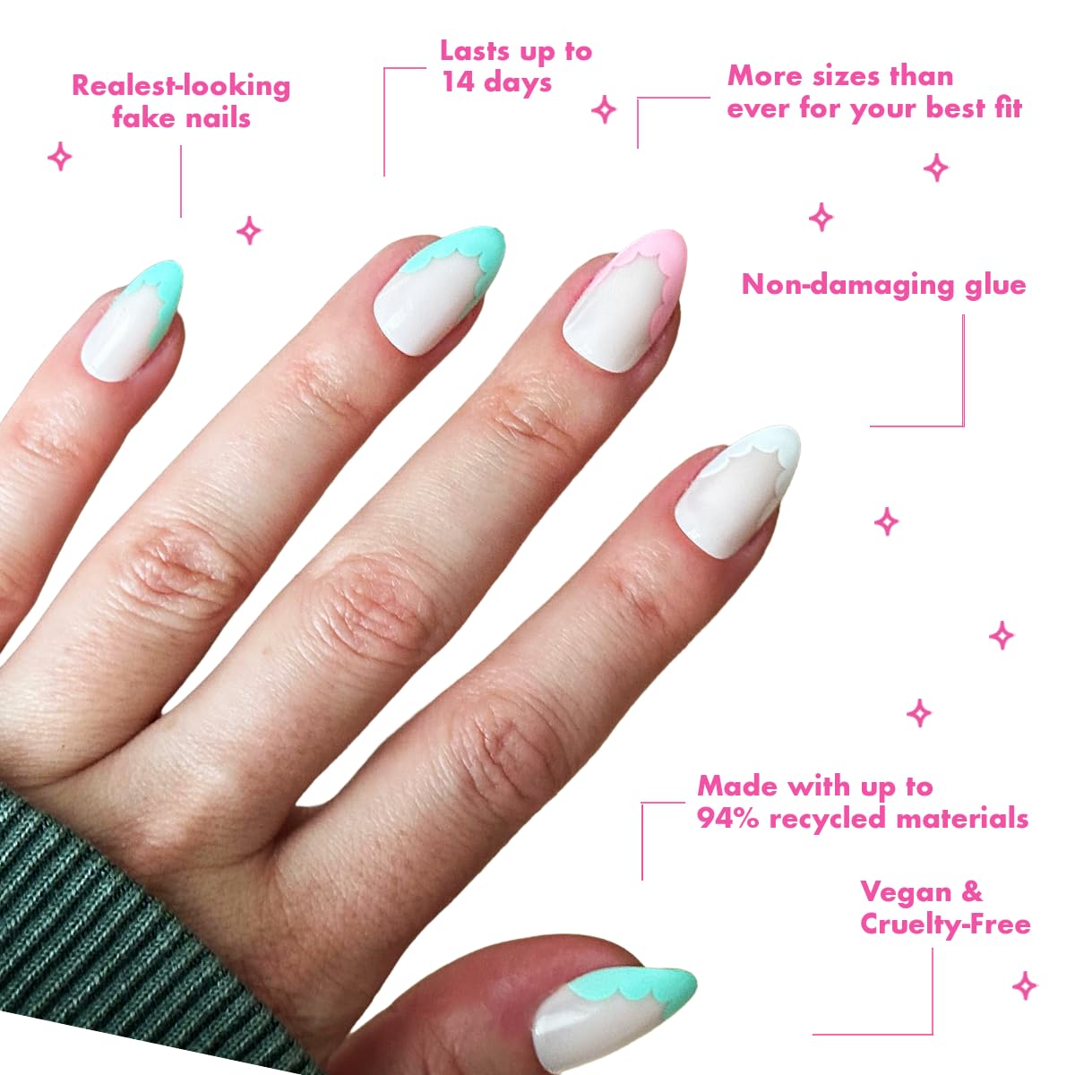 Olive & June Maximalist Instant Mani Press-On Nails (Glue) | 42 Fake Nails, 21 Sizes | Non-Toxic, Long-Lasting Big, Bold Gorgeous Realistic Look | Salon-Quality | Medium, Almond | Scalloped French