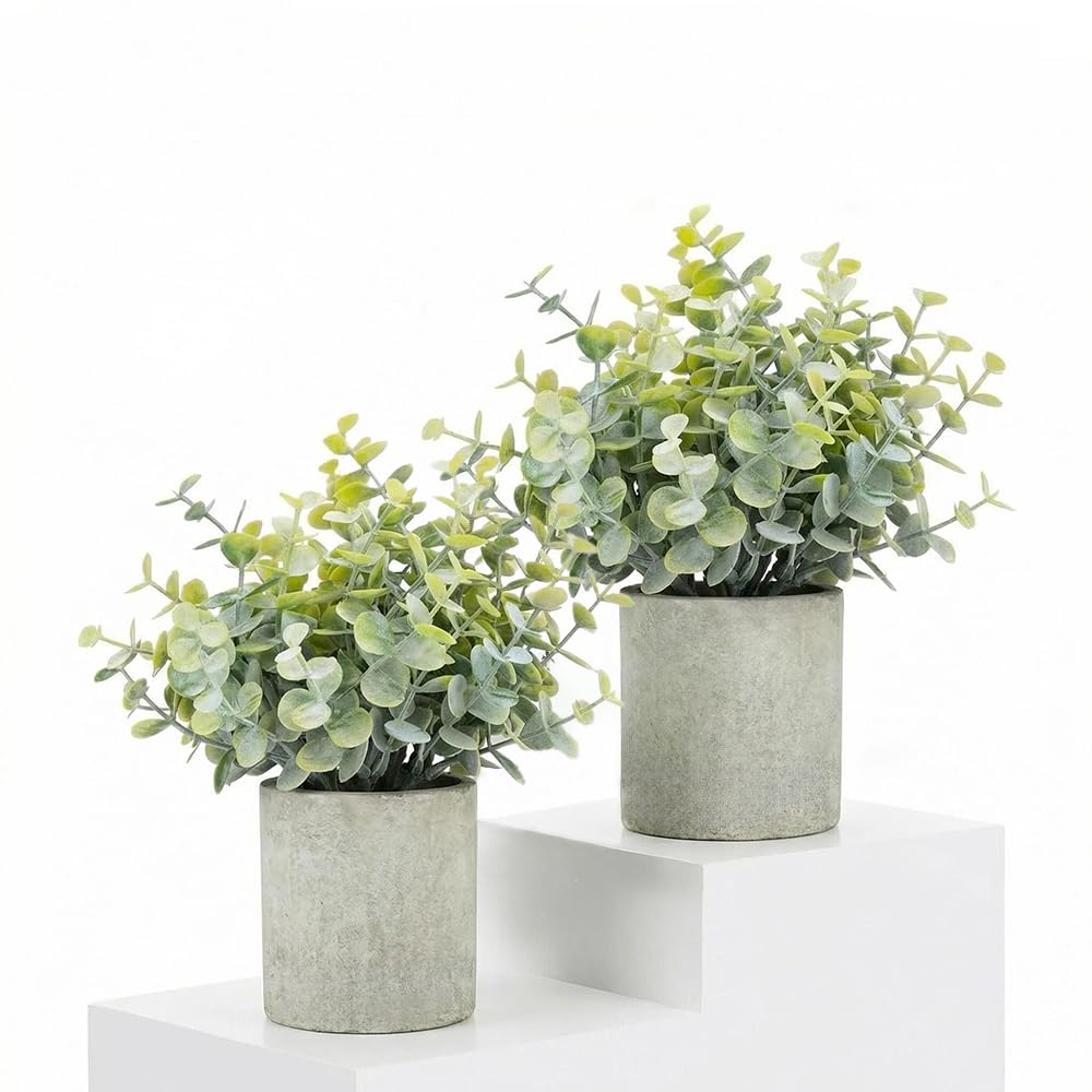HappyFiller 2PCS Small Fake Eucalyptus Potted Artificial Plants Indoor Outdoor for Shelf,Home,Living Room, Bathroom,Kitchen,Coffee Table Decor