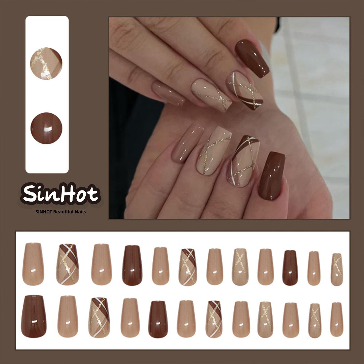 SINHOT Press on Nails - Medium Square Fake Nails, Glossy Finish, Gold Glitter & Brown, DIY Artificial False Nail Art - 24 Pcs Nail Kit with Glue