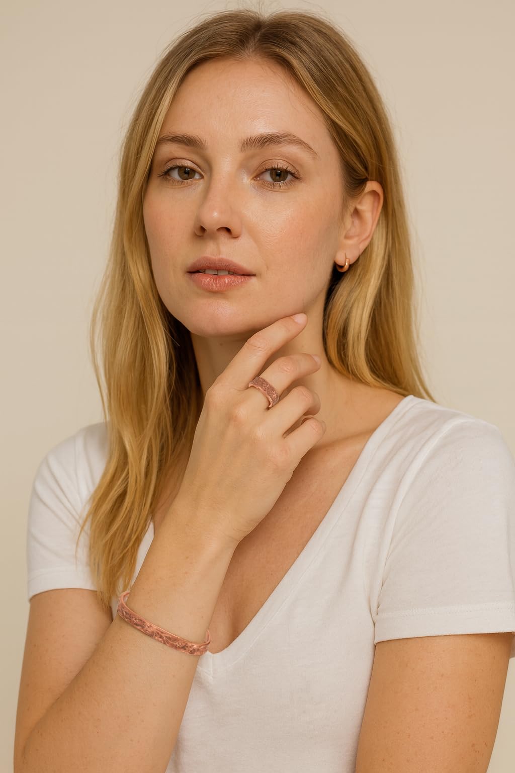 Touchstone Copper Magnetic Hand Forged With Solid And High Gauge Engraved Petals Pattern Minimalistic Elegance Pure Copper Bracelet And Matching Ring In Natural Tone.