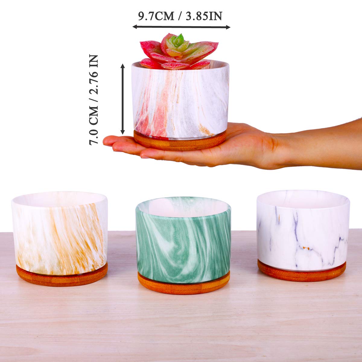 ROSE CREATE 4 pcs 4 Inches Ceramic Marbleizing Style, Big Planters with Bamboo Trays (Colorful)