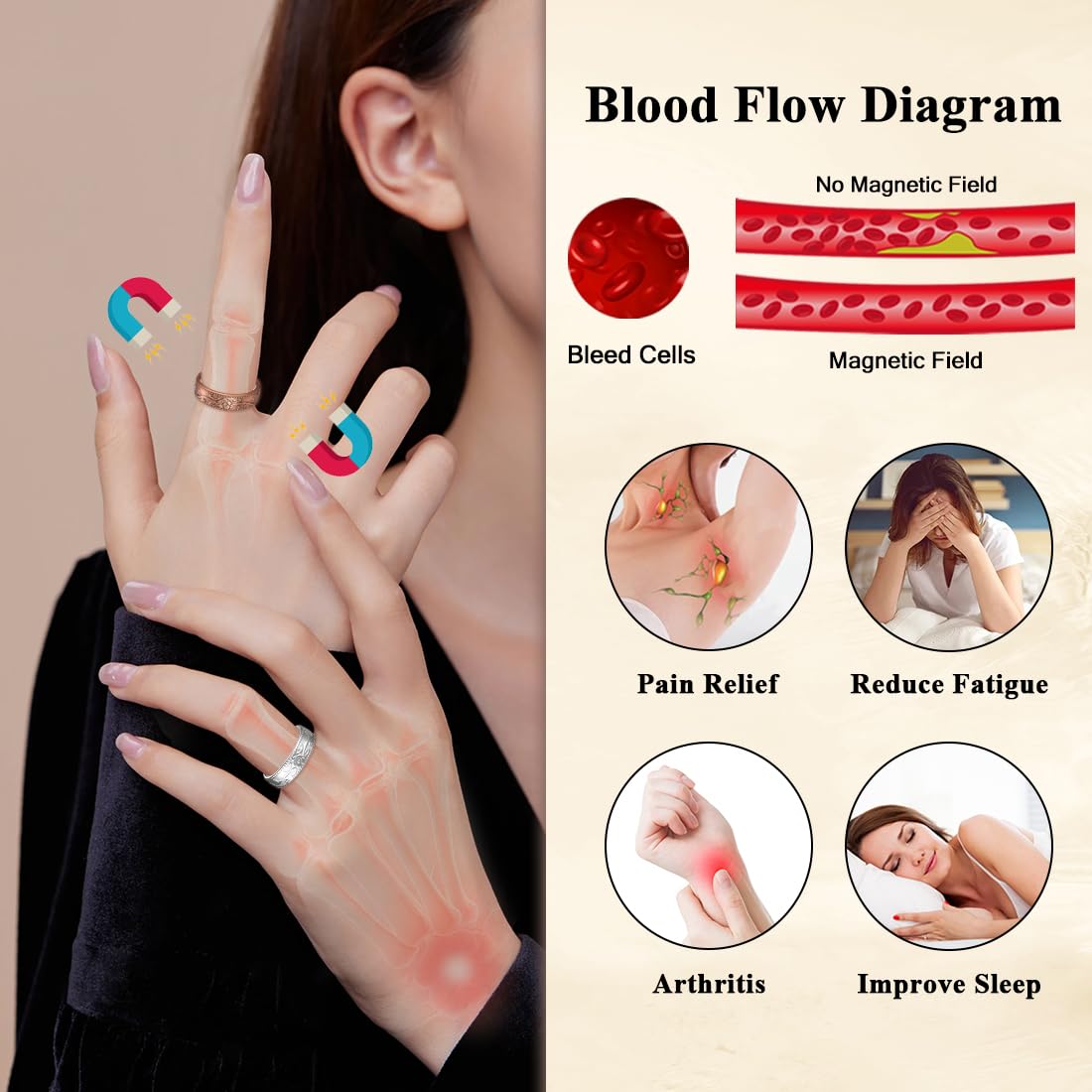 Cigmag 4PCS Copper Rings for Women Pure Copper Magnetic Ring Strong Magnets Adjustable