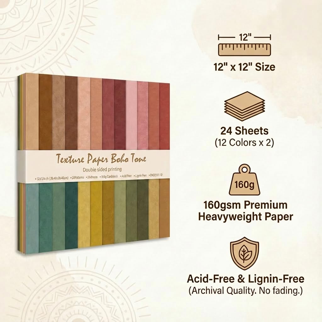Scrapbook Paper 12x12, 24 Sheets Double-Sided Decorative Patterned, Acid-Free & Lignin-Free Scrap Book Paper for Scrapbooking, Junk Journal, Photo Album, DIY (B-Boho)