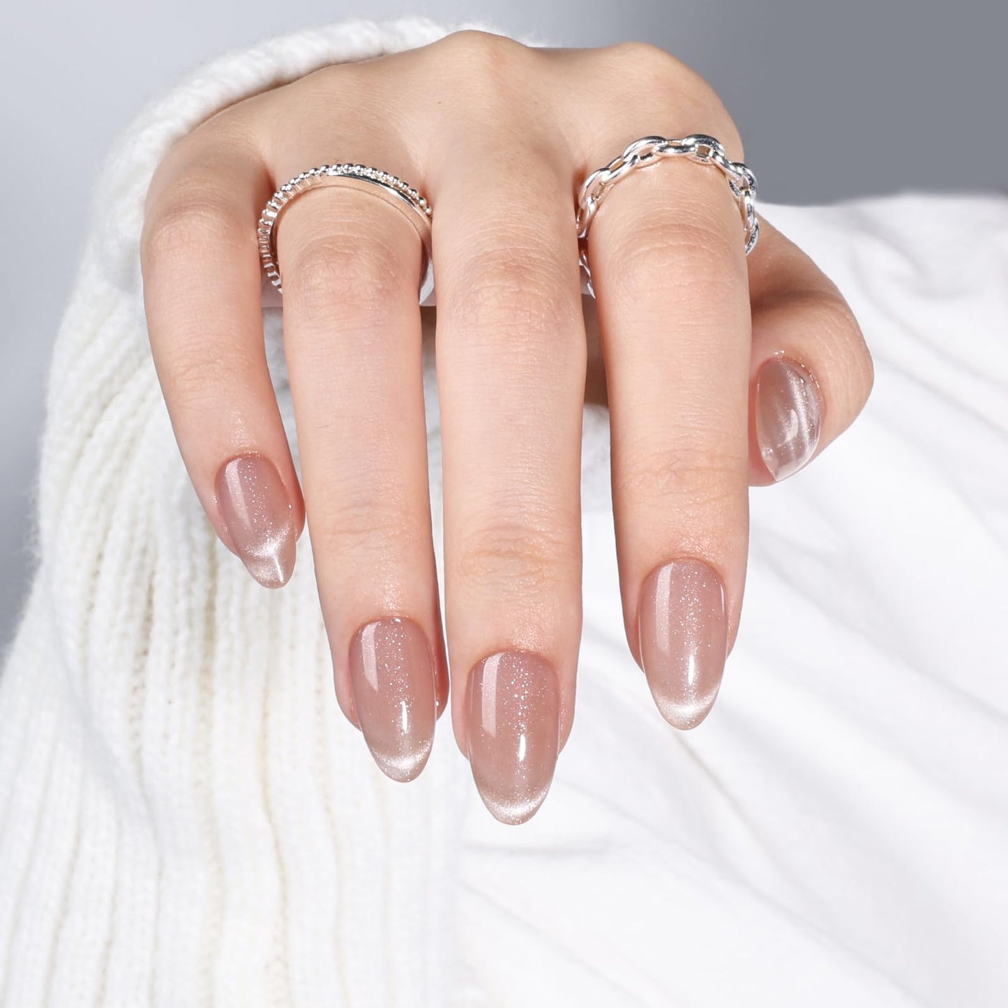 Cat Eye Press On Nails - Short Almond Cat Eye French Tip Press On Nails Press Ons for Women Nude Fake Nails with Glue, Glossy Reusable Glue on Nail in 16 Sizes - 32pcs