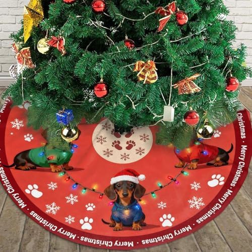 Dachshund Dog Paw Snowflakes Christmas Trees Skirts 48", Retro Sports Xmas Tree Cloth Mats for Holiday Party Decor Gift, Festival, Home Decoration