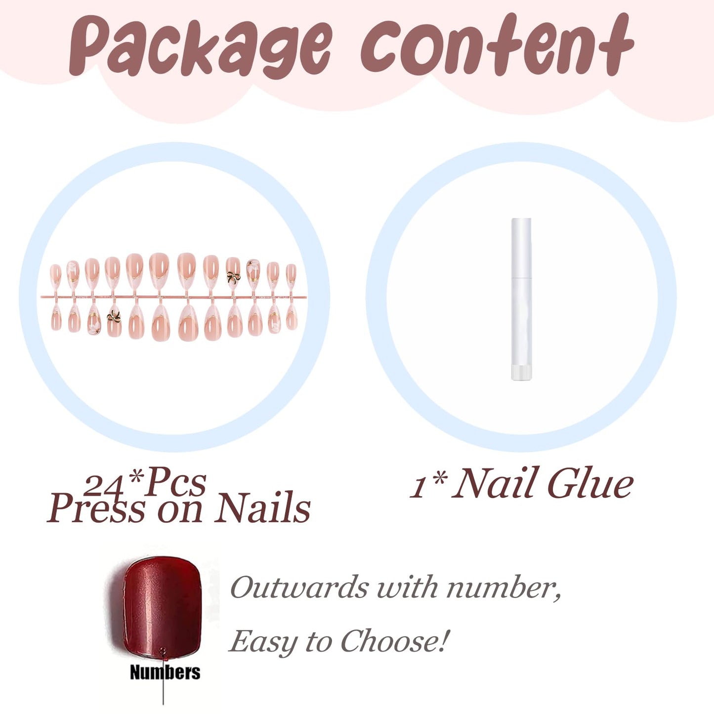 BABALAL Press on Nails, Medium Almond Fake Nails, White French Tip, Flower & Bow Charm, Glossy Full Cover Glue On Nails For Women And Girls 24Pcs