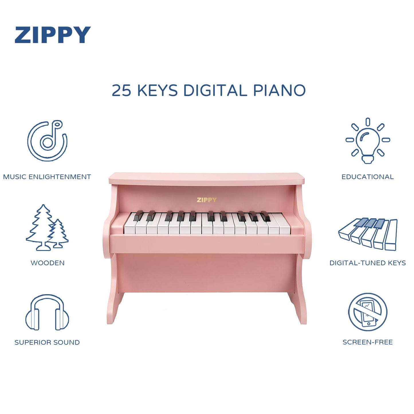 ZIPPY Kids Piano Keyboard, 25 Keys Digital Piano for Kids, Mini Music Educational Instrument Toy, Wood Toy for Toddlers Girls Boys (Pink)