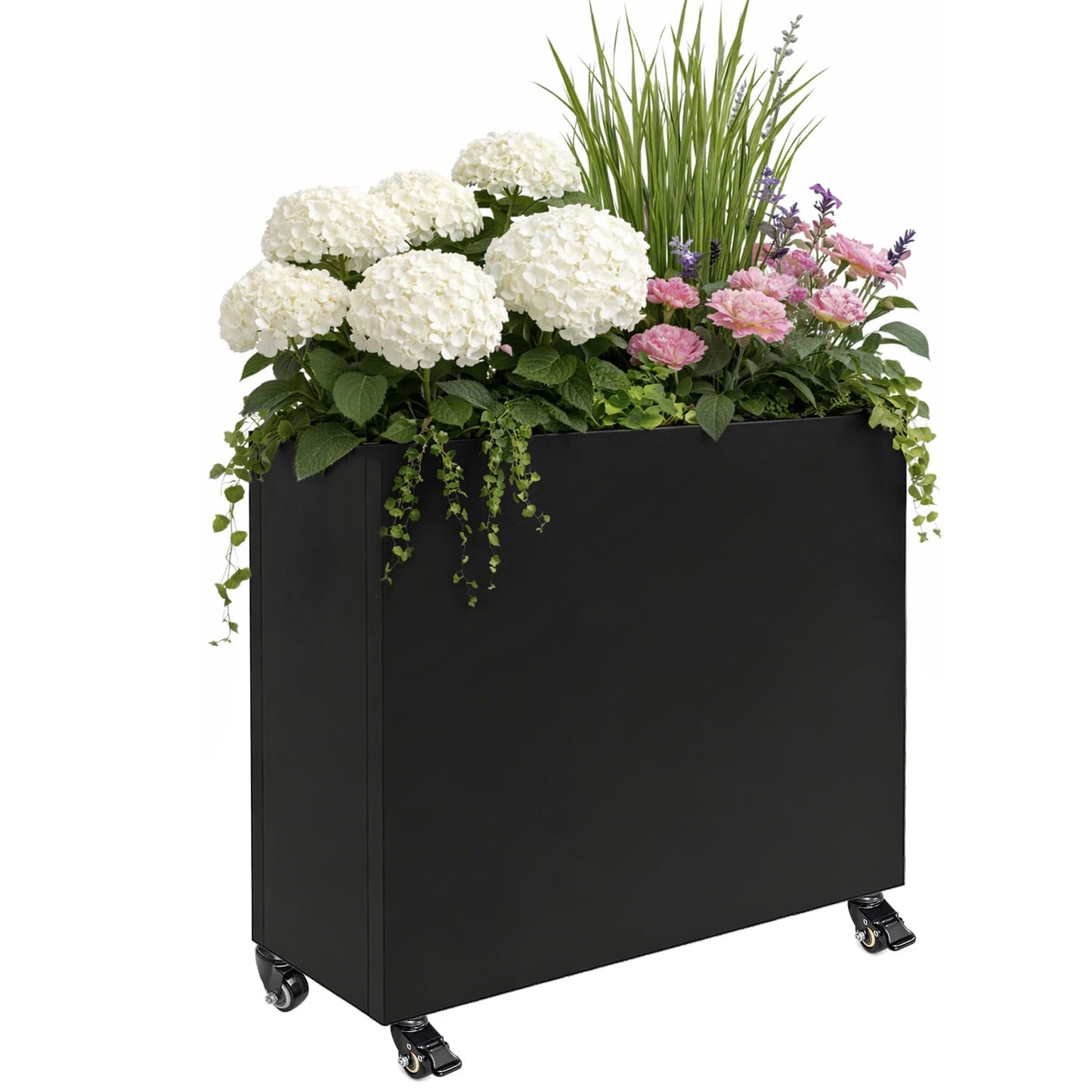 Hlplenn Tall Rectangular Metal Planter Box（36''L x 11''W x 30''H） with Wheels, Large Outdoor Rolling Planter for Patio & Garden, Modern Black Steel Planter Boxes Outdoor with Locking Casters