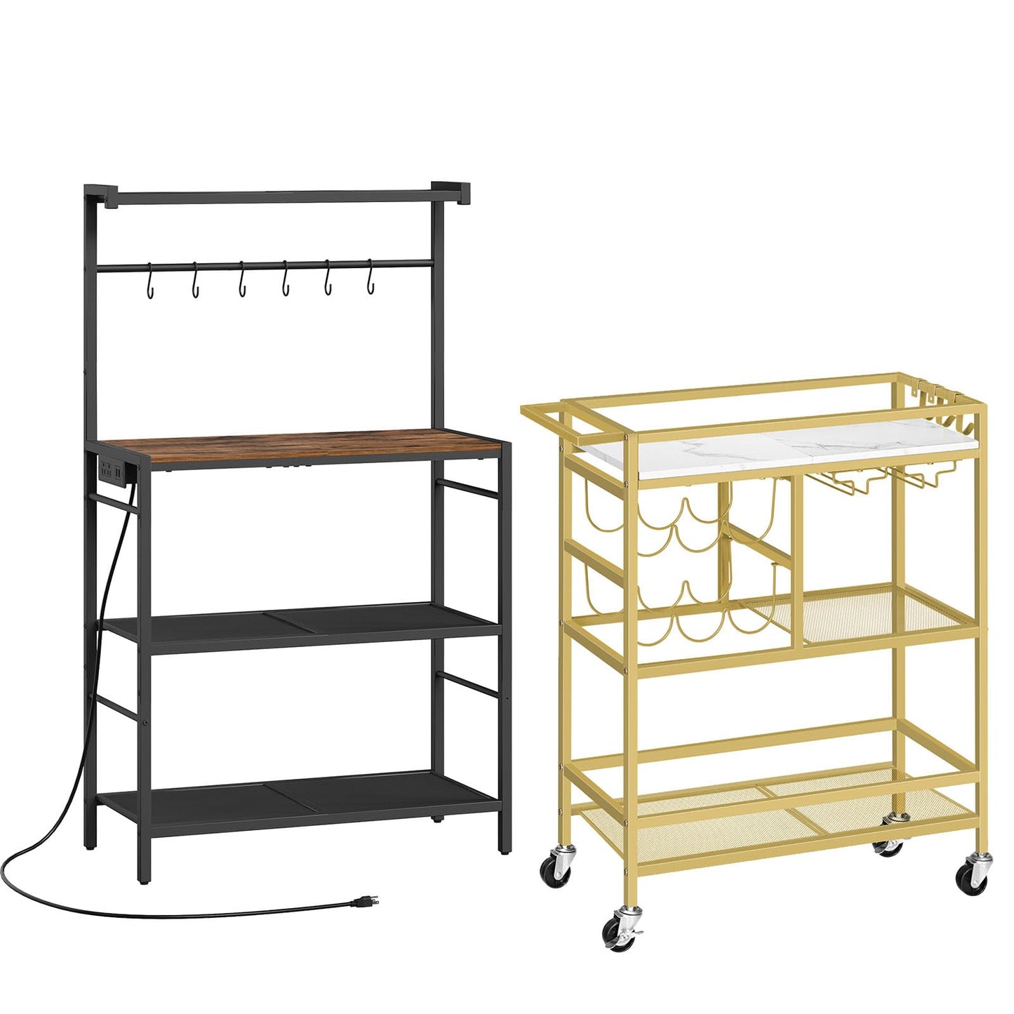 MAHANCRIS Bar Cart for Home and Bakers Rack with Power Outlet Bundle, Microwave Stand with Storage, RCJM6101-BRHR351E01