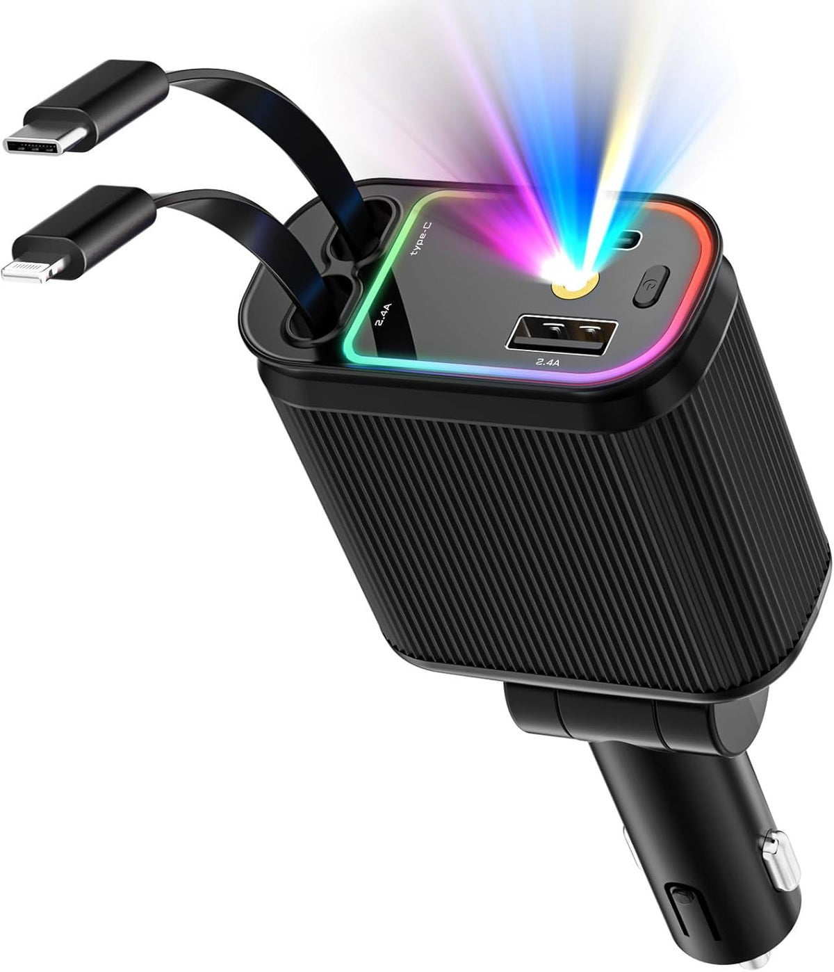 Car Charger with Starlight, 66W USB C Fast Car Charger Adapter, 4 in 1 Retractable Car Chargers with 2 USB Ports for iPhone 15/14/13/12/11 and for Android (Dark Black)