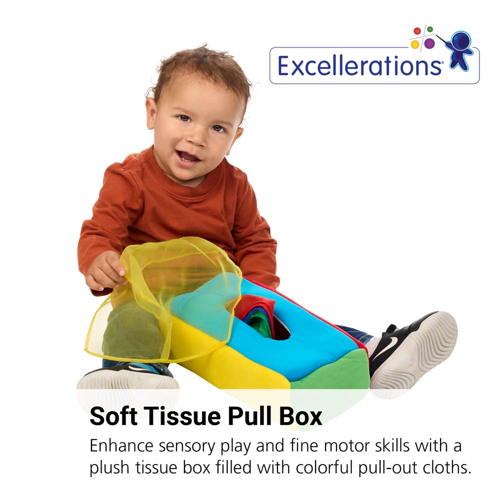 Excellerations Plush Pull & Play 12 inches L x 5-1/2 inches W x 3-1/2 inches H Tissue Box 12 Square Scarves for Children, Kids Educational Baby Toy, 9 Months and Up