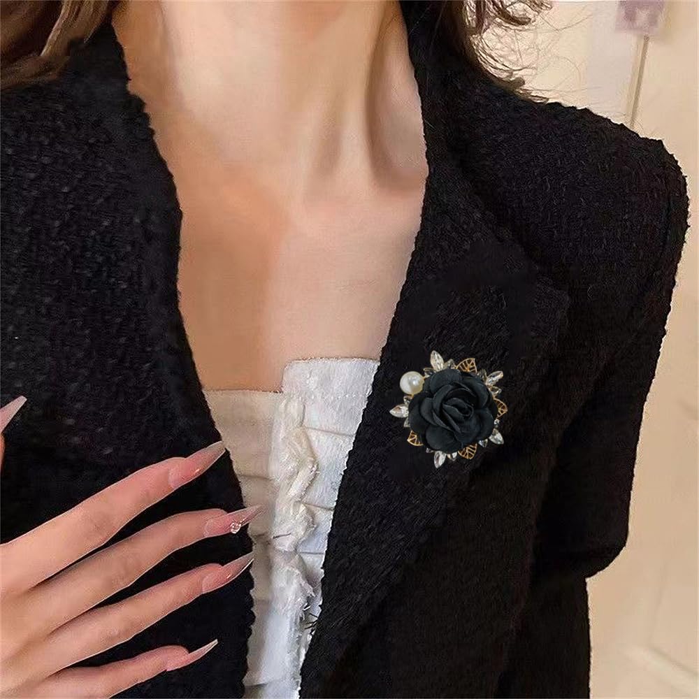 Elegant Rose Flower Brooch Pin for Women Men Wedding Party Gentleman's Essentials Handmade Imitation Crystal Pearl Fabric Flower Lapel Pin Dress Suit Accessories Boutonniere Ideas Gift (Black)
