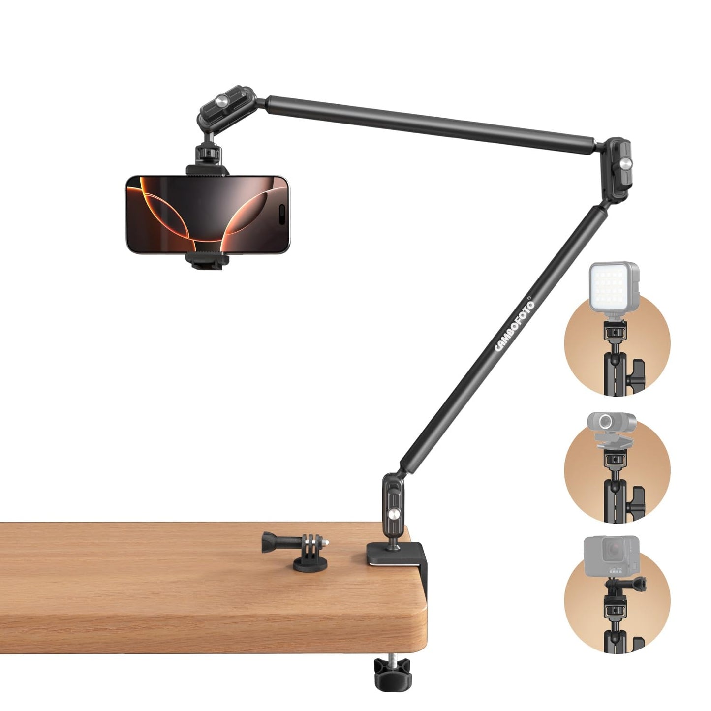 CAMBOFOTO 33" Magic Arm w Desk Clamp, Overhead Camera Mount, Desk Phone Mount, Articulating Extra-Long Friction Boom Arm w 1/4" Screw, for Phone, Mic, Light, Webcams, Action Camera (Light Black)