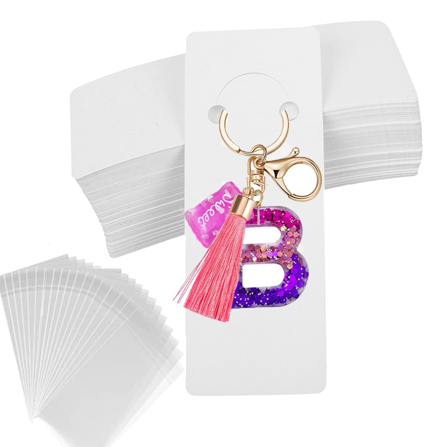 SHOLIFAS 120 Set Keychain Display Card with Self-Sealing Bags, Keychain Packaging Keyring Jewelry Holder Display (White 5.9X2inch)