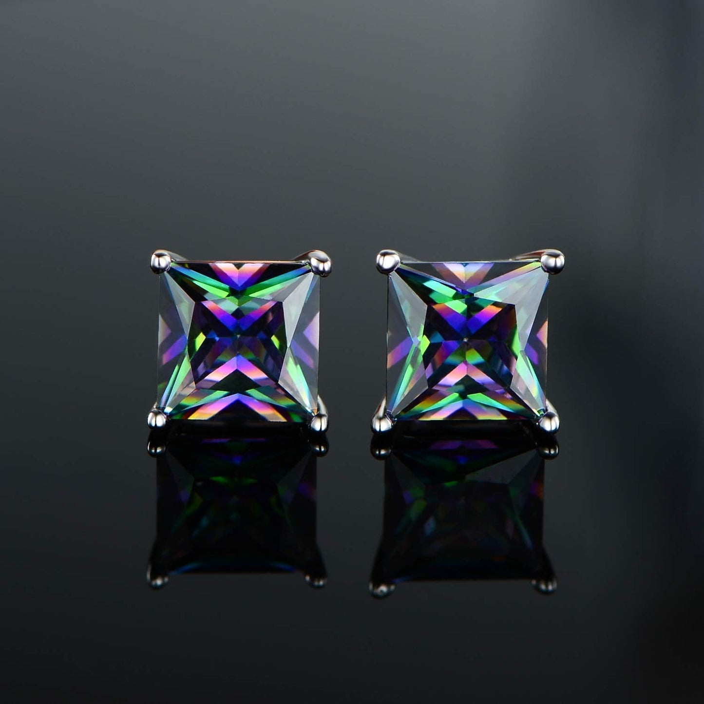 4 Pairs Multiple Earrings Set for Women Men 4/6mm Round and Square Rainbow CZ 18K White Gold Plated Ear Piercing Studs Hypoallergenic Jewelry Gift