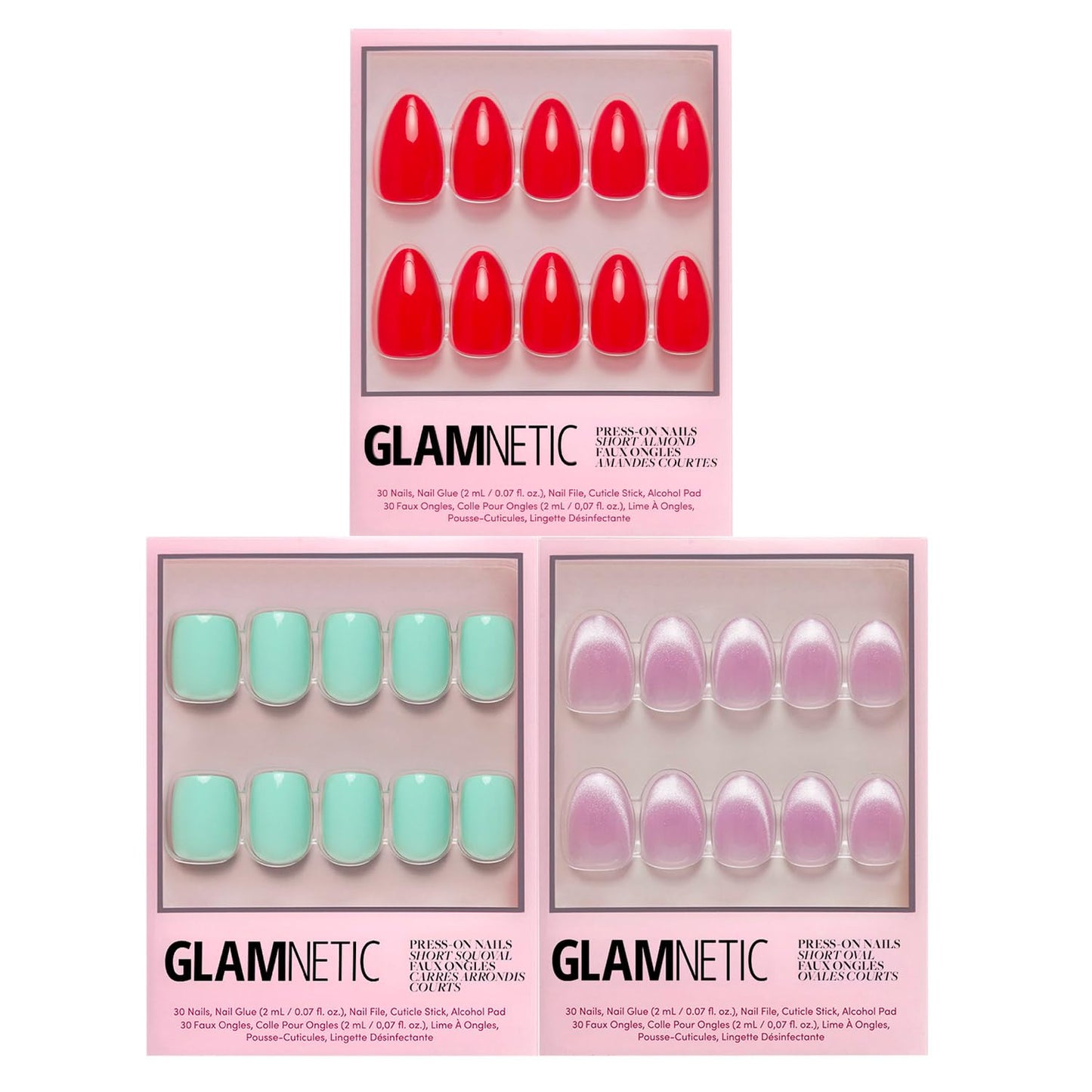 Glamnetic Press-On Nails Bundle - Soft Teal, Fairy Dust & Fiery Red | Short Almond Light Blue Fake Nails with Glossy Finish | Short Oval Beige-Pink False Nails with a Metallic Finish | Bright Red Shor