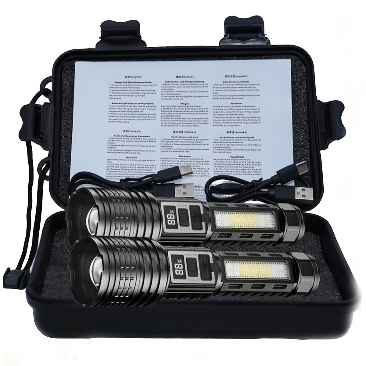 1PC/2PCS high Brightness Rechargeable LED flashlights, with a Total of 7 Modes, COB Side Light - red Blue Flash with Digital Display Function, Gift Box Set, Suitable for Emergency situations (2)