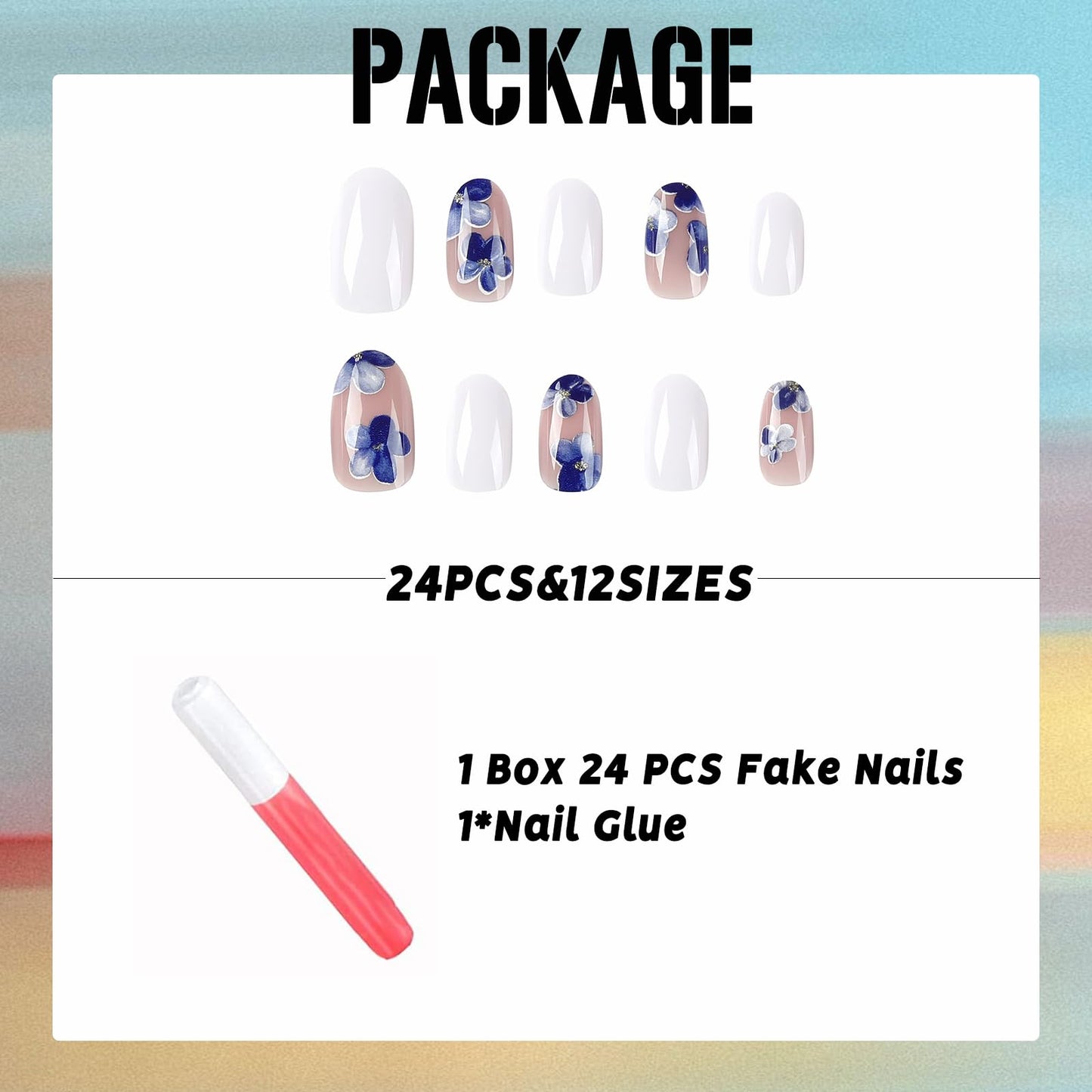 IMSOHOT Press on Nails Oval Short Fake Nails White Blue Flower Round Acrylic False Nails with Designs Full Cover Cute Artificial Nails for Women 24Pcs