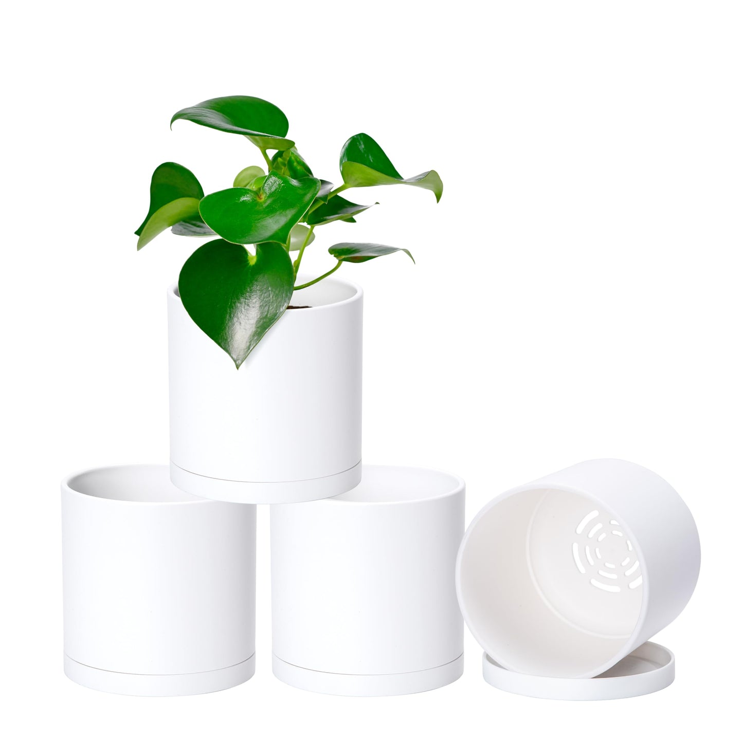 D'vine Dev 4 Pack 5 Inch Modern Plastic Plant Pots, Small Garden Planters for Plant with Drainage Holes and Saucers, White Color, 74-Z-G-2