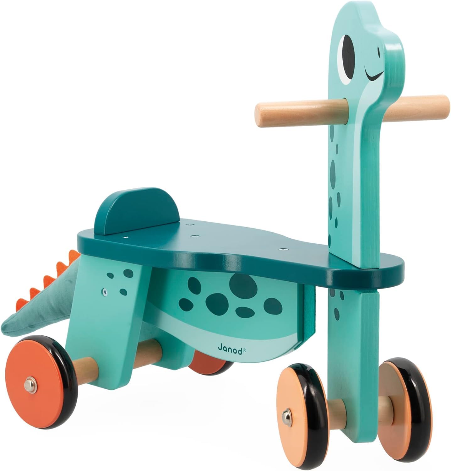 Janod Dino - Ride-On Wooden Dinosaur ‘Portosaurus’ - 18.5” Tall Adorable Scooting Toy with Steerable Front Wheels - Includes Plush Tail - Ages 12 Months- 4 Years - J05828