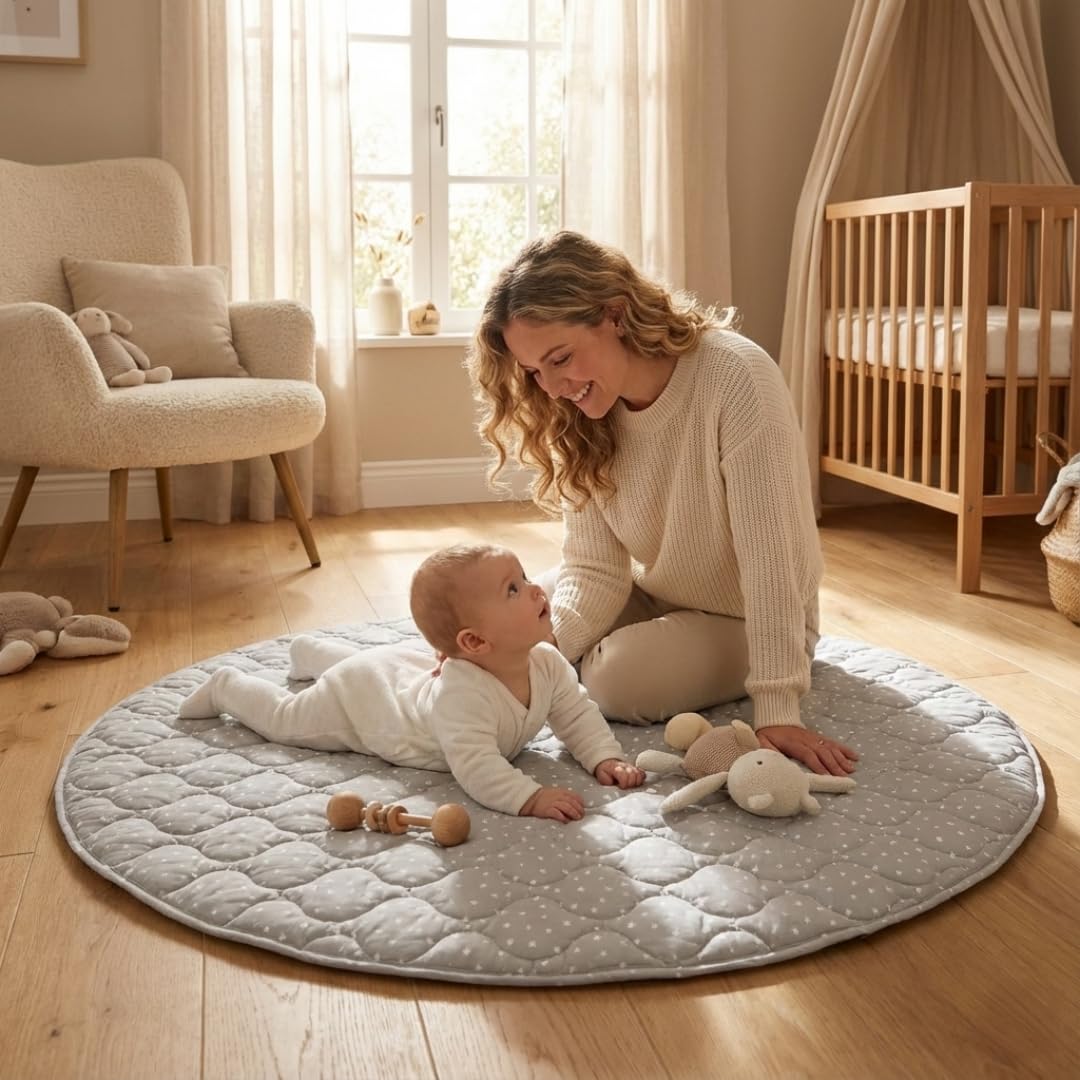 Byrd & Blume Round Baby Play Mat, Reversible Quilted Organic Cotton, Soft Circle Nursery Rug, Non Toxic, Foldable Portable, 40 Inch, Gray Stars/Solid Gray