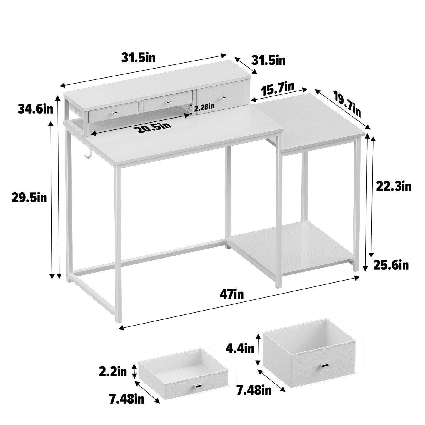 SINPAID 47 inch Computer Desk with Printer Shelf, Gaming Desk with Monitor Stand and Drawers, Reversible Home Office Desk with Storage Shelves and 2 Hooks, Home Workstation for Study Writing, White