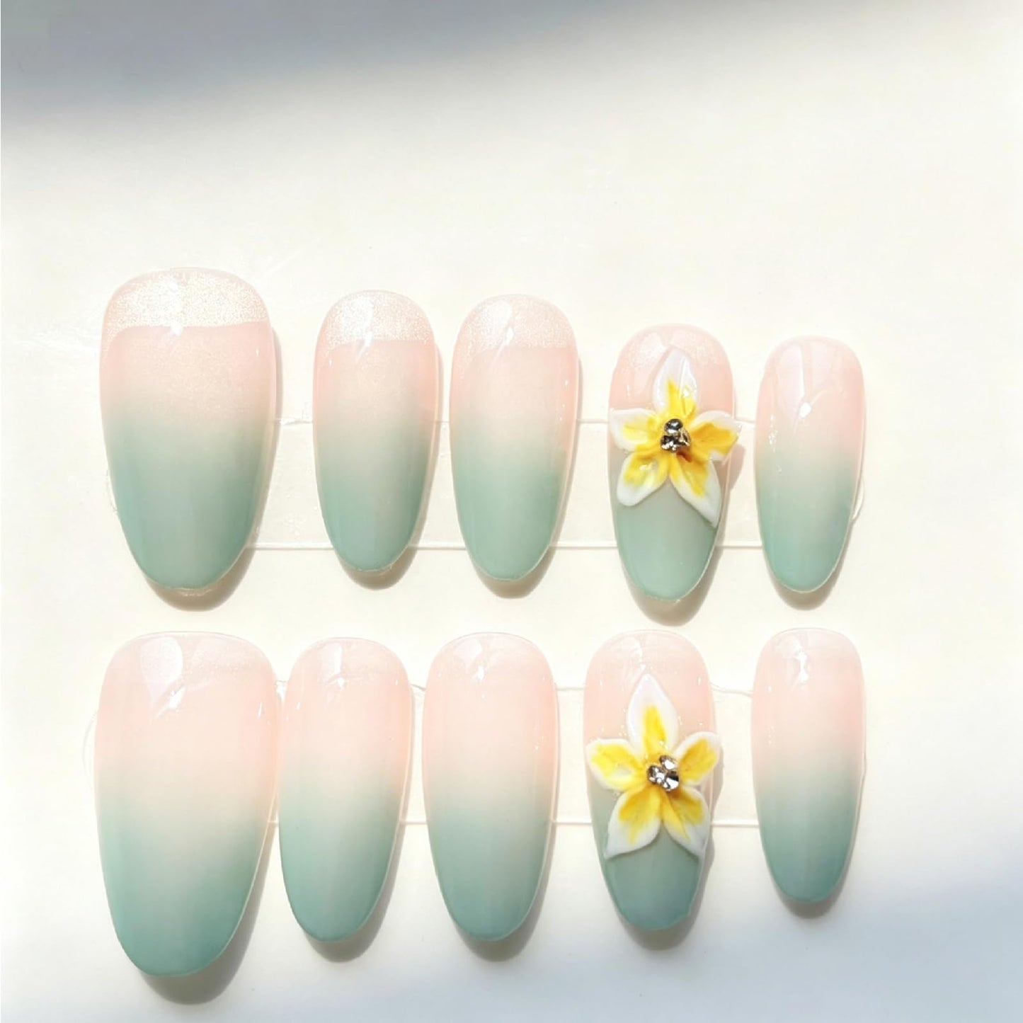 Threelegscat Summer Almond Handmade Press on Nails Medium 10PCS, Green Gradient Floral Fake Nails, Reusable Acrylic Nail Art Tips Forr Women Daily Wear Size M