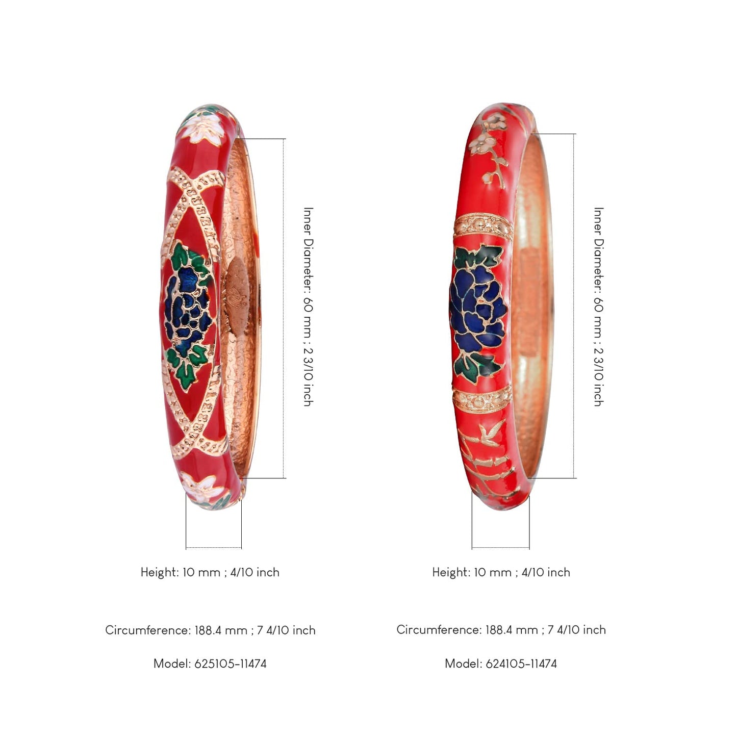 UJOY Gorgeous Bracelets Enameled Floral Cloisonne Gift Plated Cuff Bangles Jewelry Sets Box for Women 55A127-55A128 red