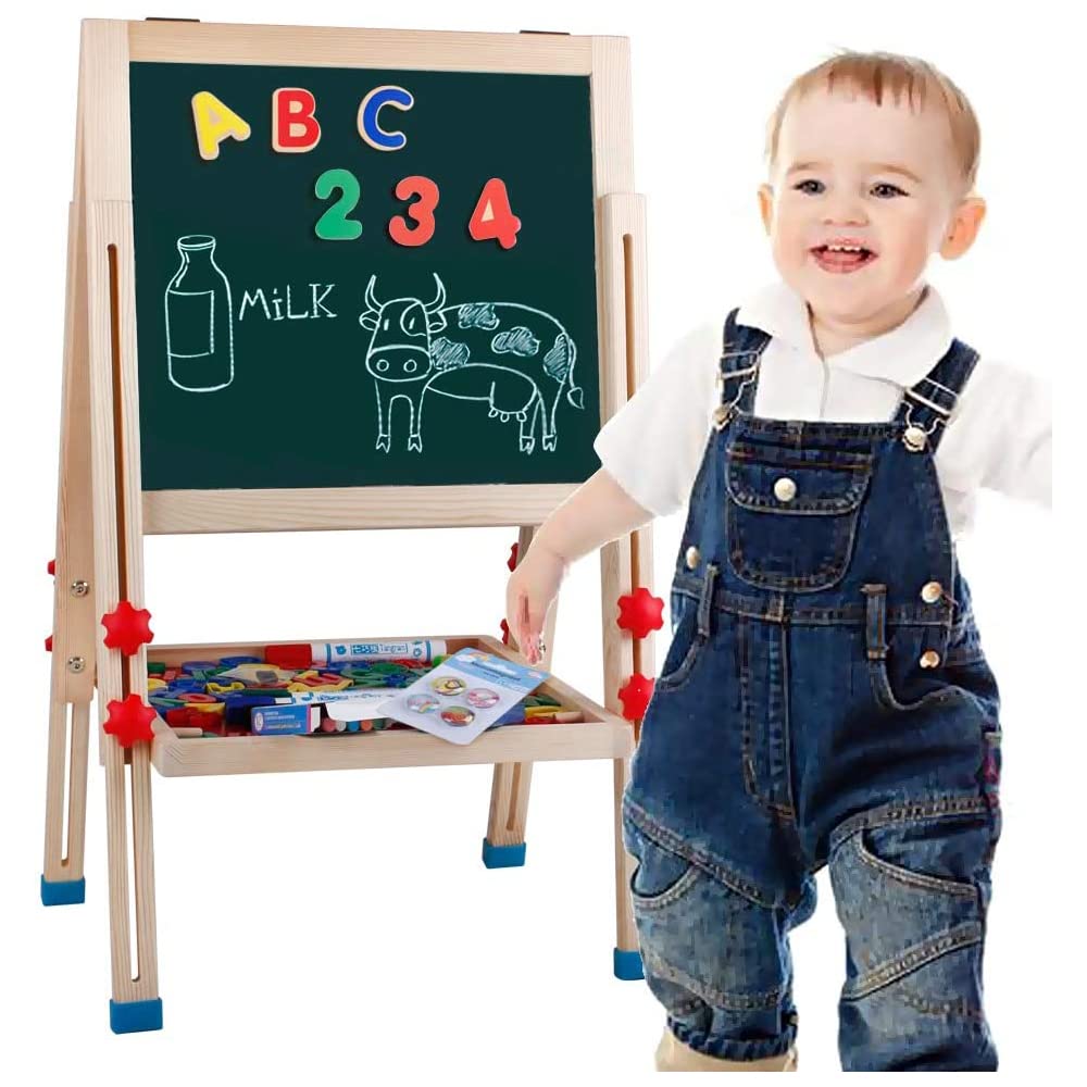 Potamish Wooden Art Easel for Kids (Double Sided) - Standing Magnetic Whiteboard Chalkboard Small Toddler Toys PM-048-K