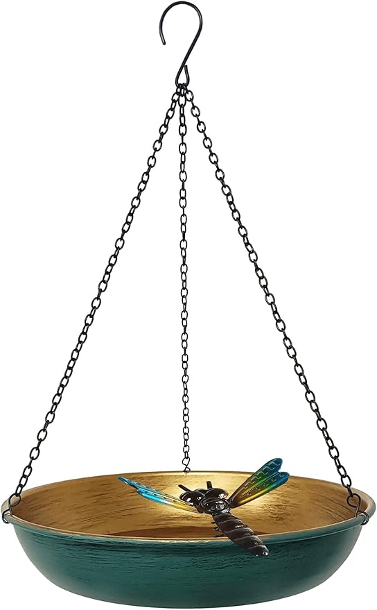 Hanging Bird Bath & Feeder Outdoor, 11 in Green/Bronze Metal Birdbath Bowl