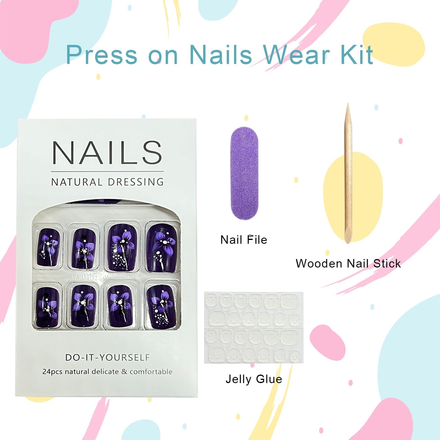 Purple Flower Press on Nails Medium Square Fake Nails with Floral Designs Black False Nail Full Cover Glossy Acrylic Artificial Fingernails Spring Summer Stick on Nail for Women 24Pcs