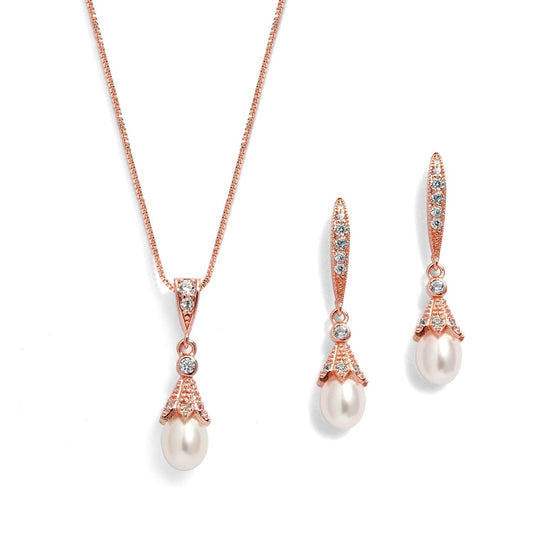 Mariell 14K Rose Gold Plated Wedding Necklace & Earrings Jewelry Set with Freshwater Pearl for Bridesmaids & Brides