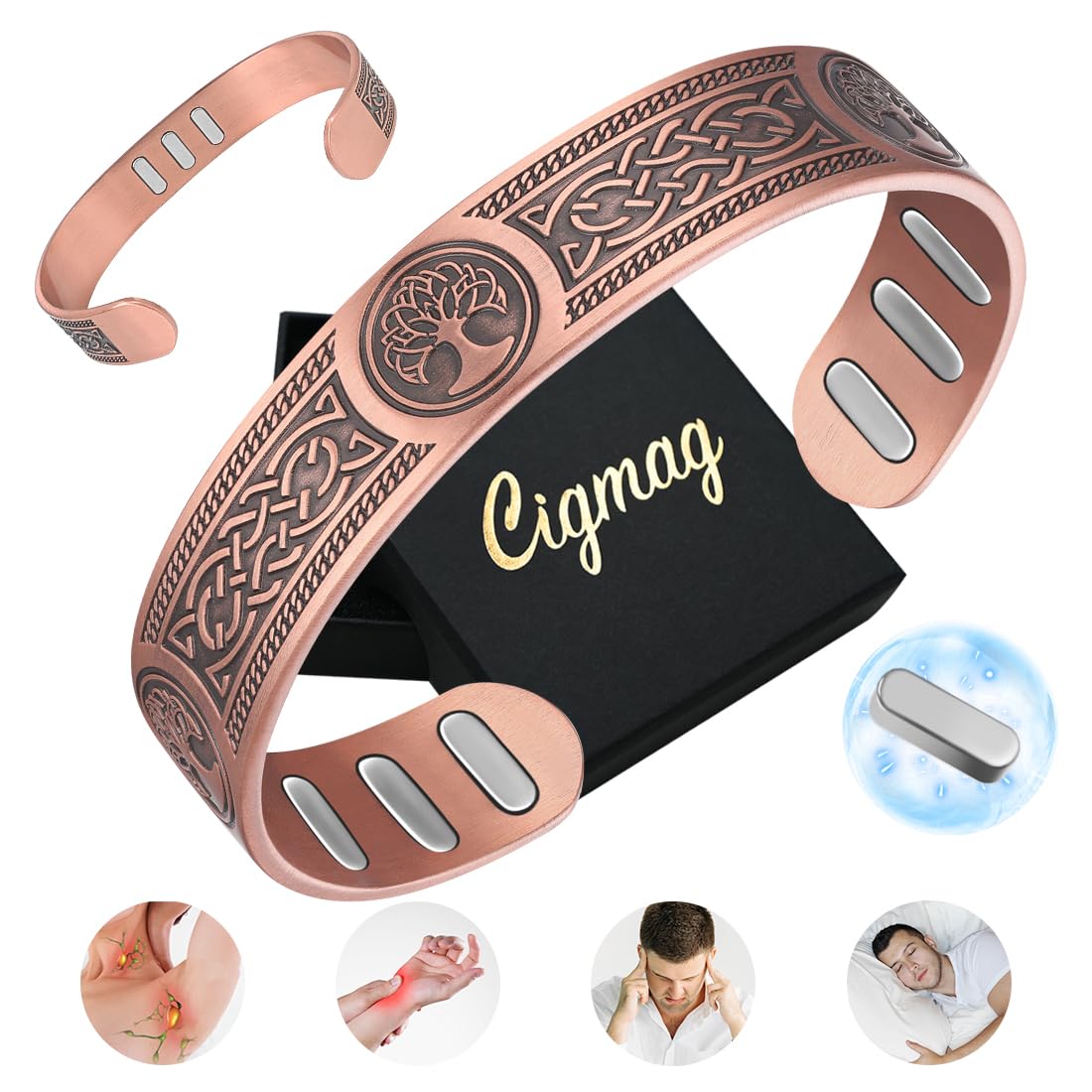 Cigmag Copper Bracelet for Men, with Powerful 9X 5000 Gauss Magnets, Adjustable Solid Pure Copper (Viking Lotus Life Tree)