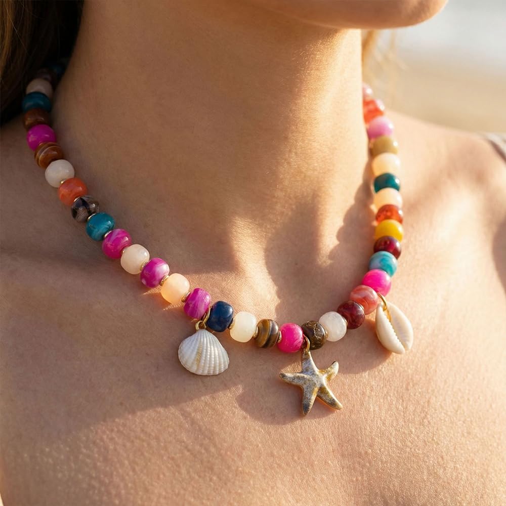 ROYNRAU Chunky Colorful Beaded Necklace for Women-Unique Resin Beads Starfish Shell Charms Pendant Choker Necklaces Boho Statement Summer Vacation Beach Jewelry (Starfish)