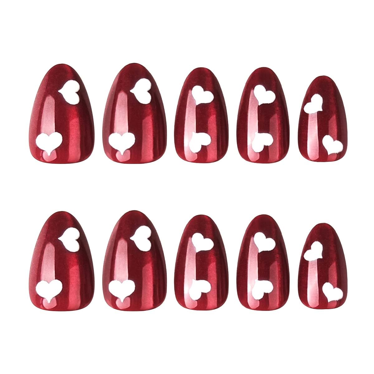 Valentine’s Day Press on Nails Medium Almond Fake Nails Burgundy Nails Press ons with Heart Design for Women