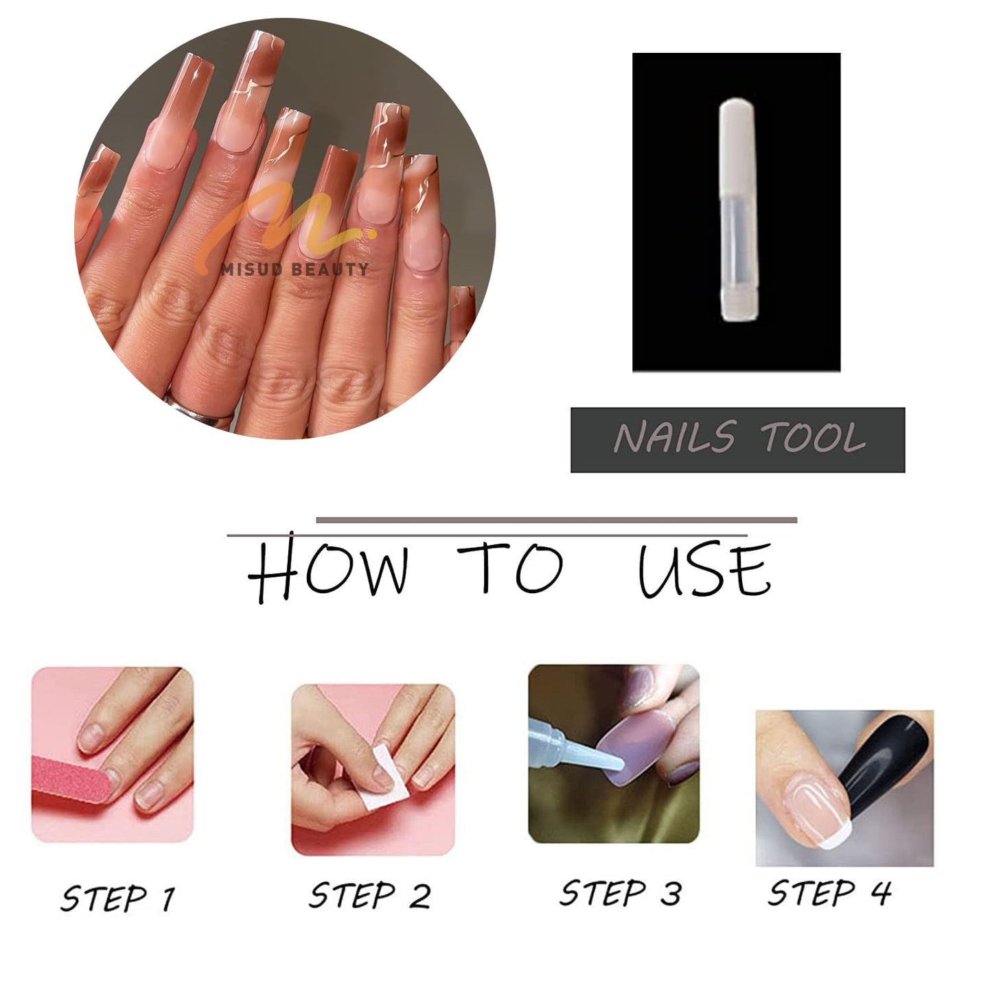 MISUD Press on Nails - Long Square Glue on Nails with Fall Brown, Acrylic Autumn Ombre Design 24 pcs
