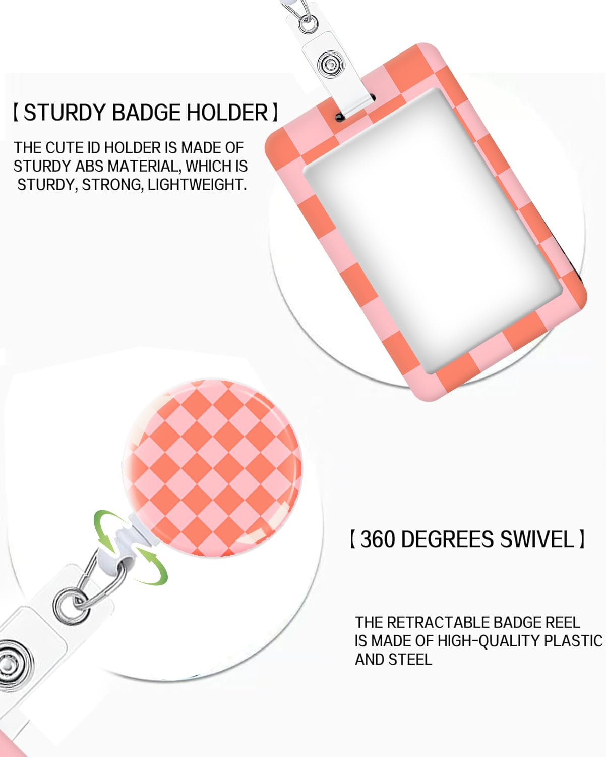 ID Badge Holder with Retractable and Detachable Lanyard, Cute Badge Reel Breakaway Lanyard with Carabiner Clip for Teachers, Nurses, Perfect Work and Office(Pink Red Checkerboard)