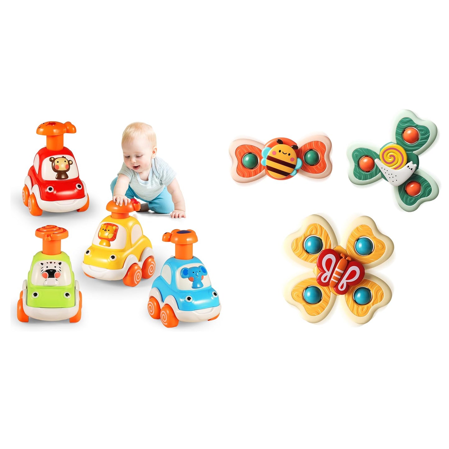 ALASOU 4 PCS Animal car Toys and 3 PCS Suction Cup Rotating Toys for Infant and Toddlers