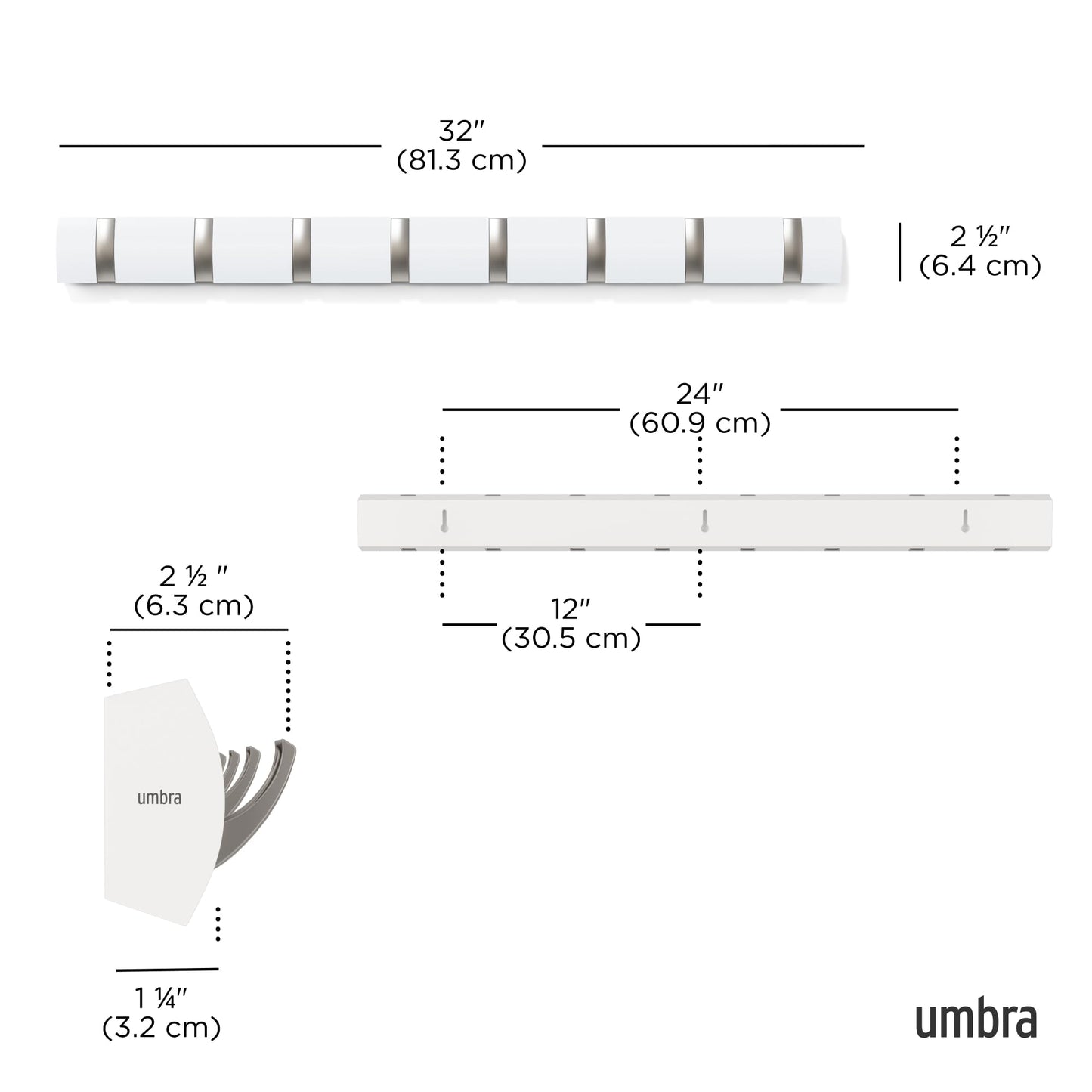 Umbra Flip Wall-Mounted Coat Rack with 8 Hooks – Modern, Space-Saving Storage for Hats, Jackets, Bags, Entryway, Mudroom, Closet, Bathroom, Bedroom – White/Nickel