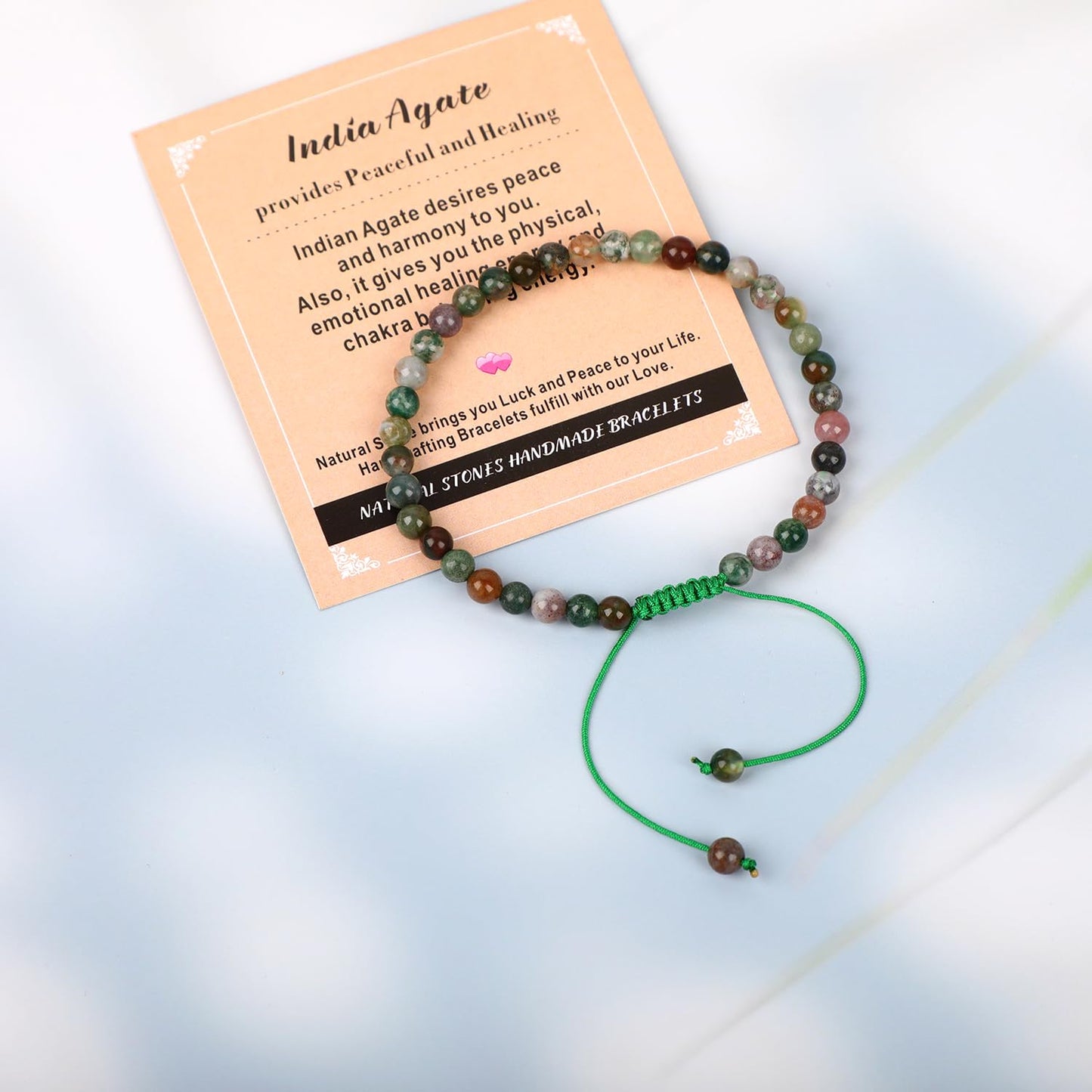 AD Beads 4mm India Agate - Peaceful - Handmade Natural Stone Crystal Bracelet with Adjustable Macrame String - Yoga Healing Power Energy Gifts for Men and Women