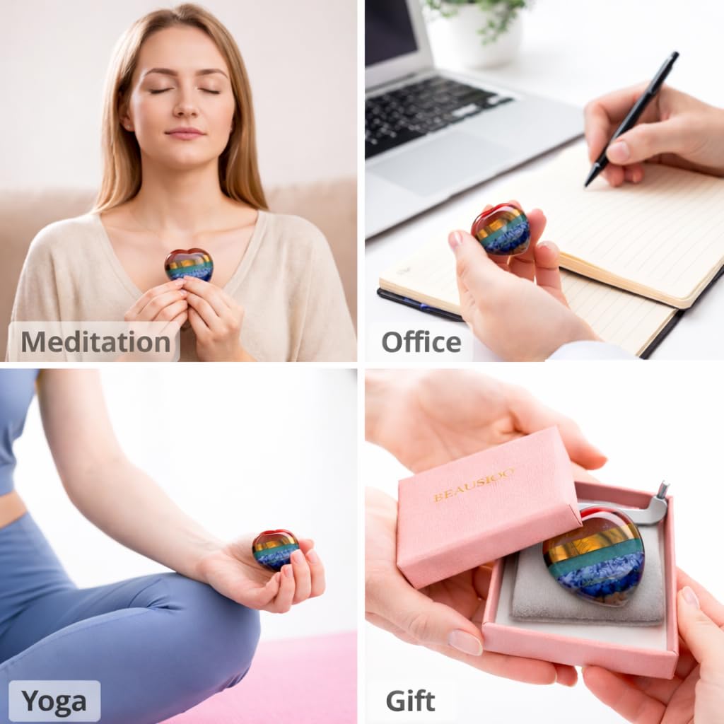 Healing Crystals Thumb Stone, 7 Chakra Heart Worry Stone for Anxiety Relief, Hand-Polished Meditation Stone, 1.57” Stress Relief & Mindfulness Gift