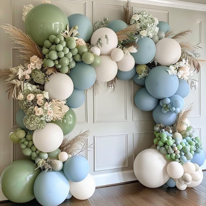 Dusty Blue & Avocado Green Balloon Garland Kit, Double Stuffed – Pastel Blue, Avocado Green & Off-White Latex Balloons for Jungle, Safari & Neutral Birthday