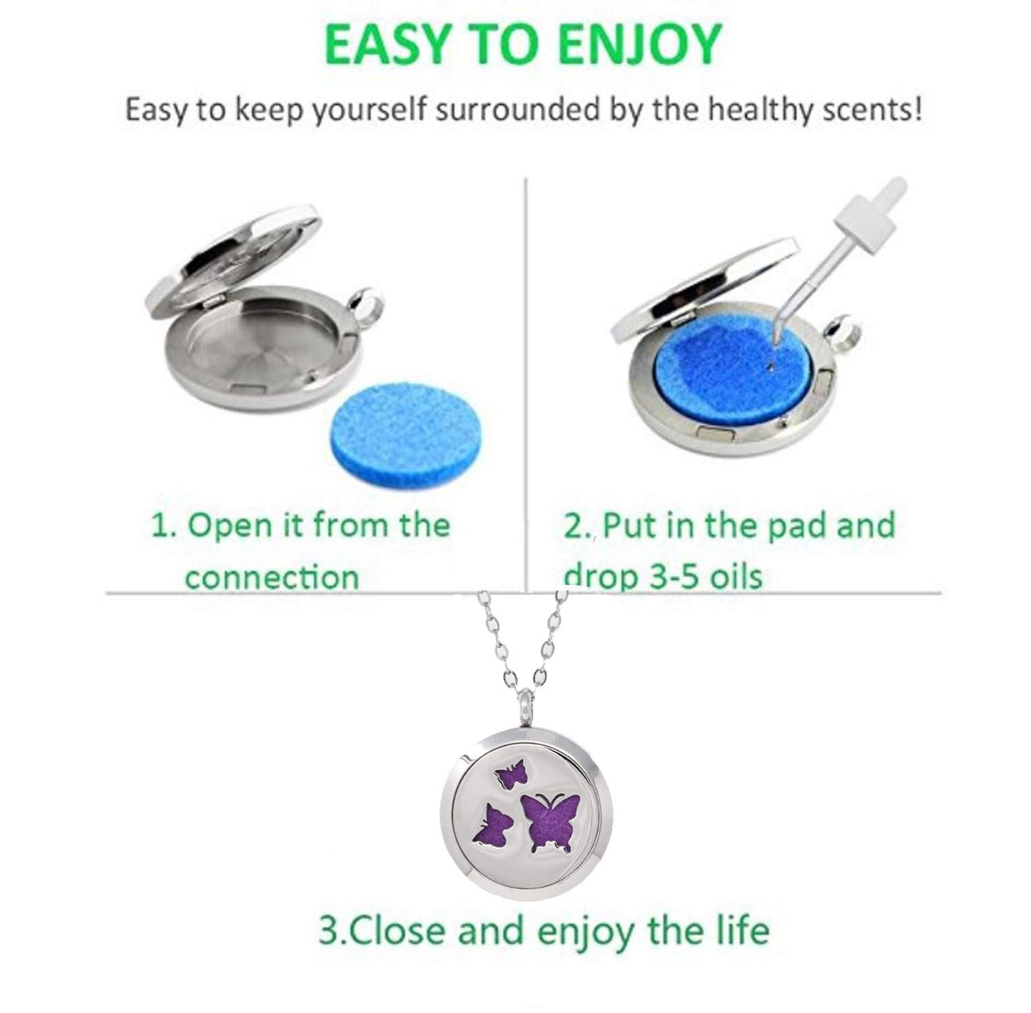 Aromatherapy Essential Oil Diffuser Stainless Steel 30MM Silver Magnetic Locket Pendant 2 Sizes Chain Necklace, Refill Pads & Diffuser Bracelet in a Velvet Bag (butterfly4)