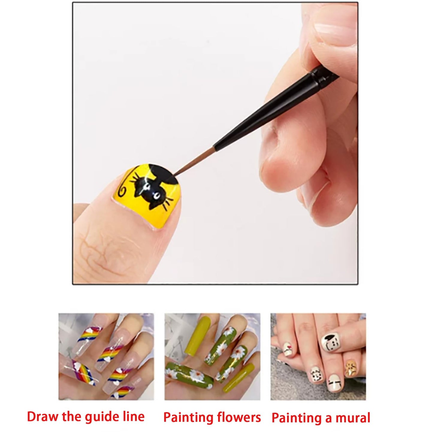 Nail Art Brush Set, Red Handle with Black Ferrule, Fine Tip Detail Brushes for Nail Design and Decoration 3 PACK