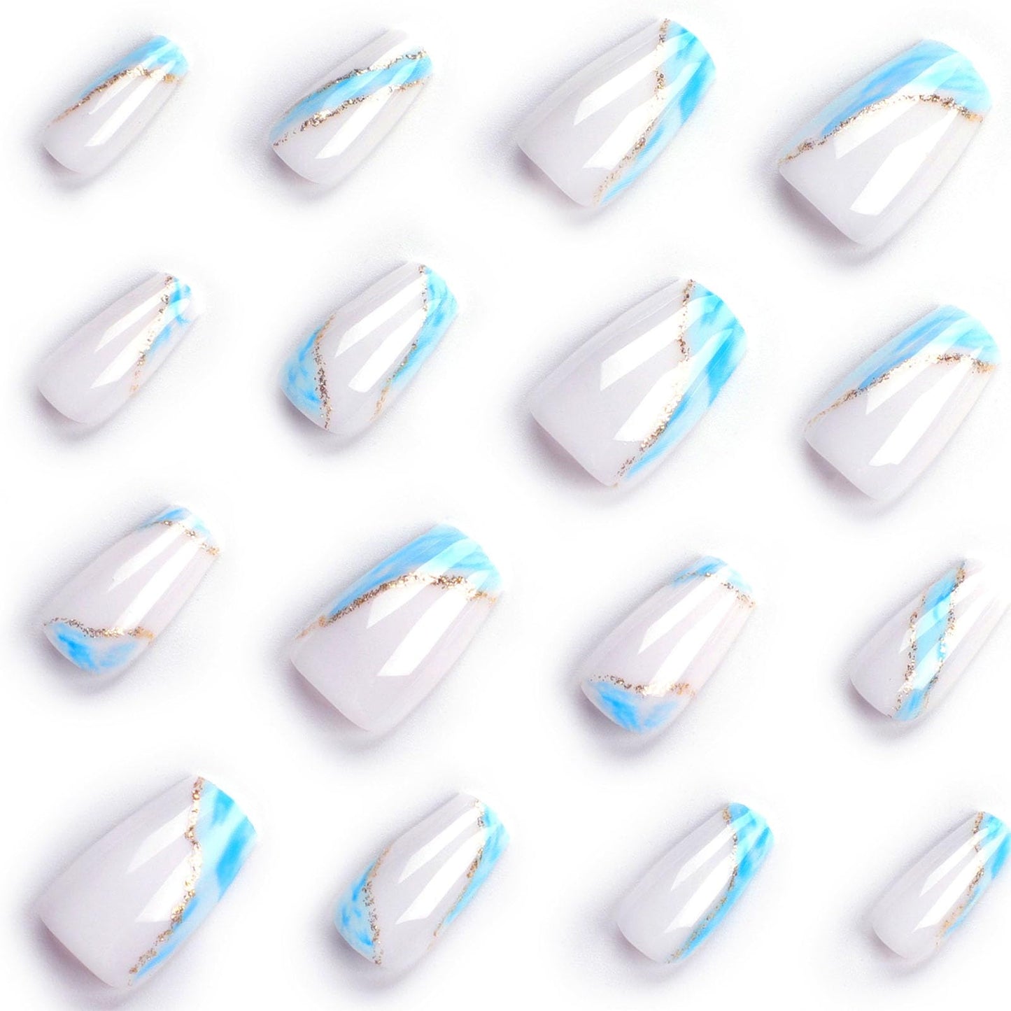 Press On Nails - Short Coffin False Nails with Glitter Designs, Glossy Finish, Blue & White, 24 Pcs
