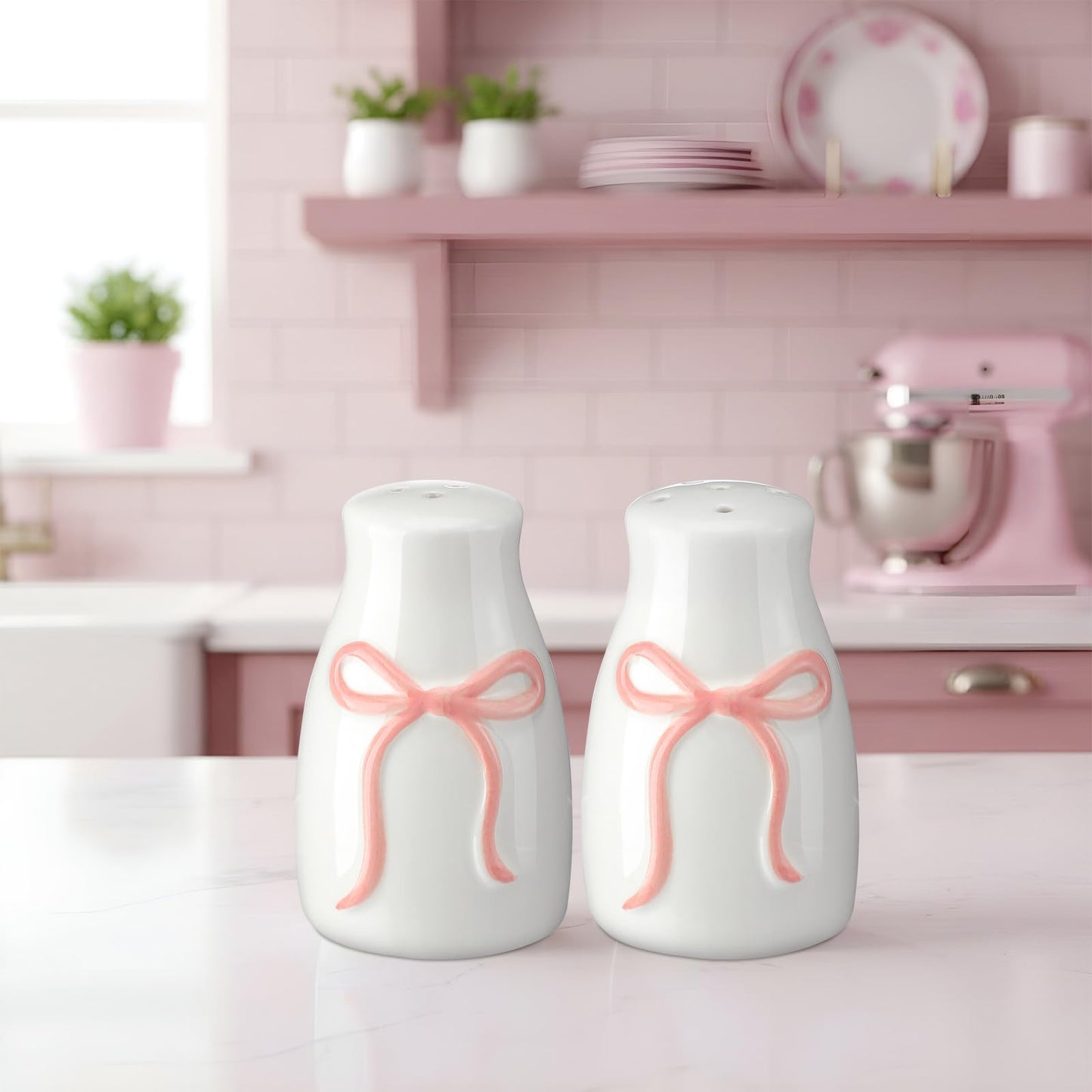 Acellegic 2 Pcs Bow Pink Salt and Pepper Shakers Ceramic Salt and Pepper Shakers Set for Coquette Kitchen Home Decors and Accessories Housewarming Gift