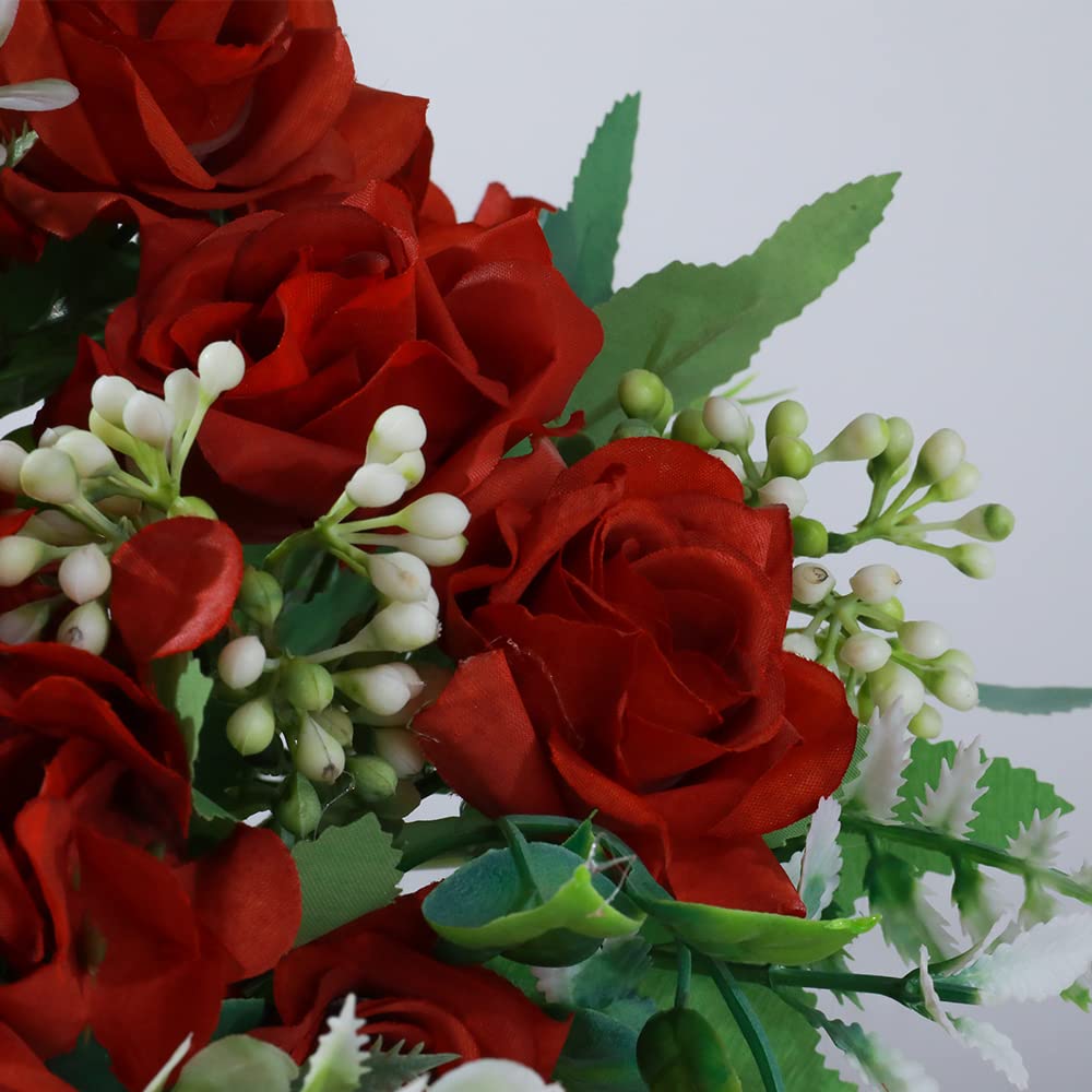 LESING Artificial Rose Silk Hydrangea Flowers Bouquets with Vase Rustic Fake Flowers for Home Decoration Table Centerpiece(Claret Red)