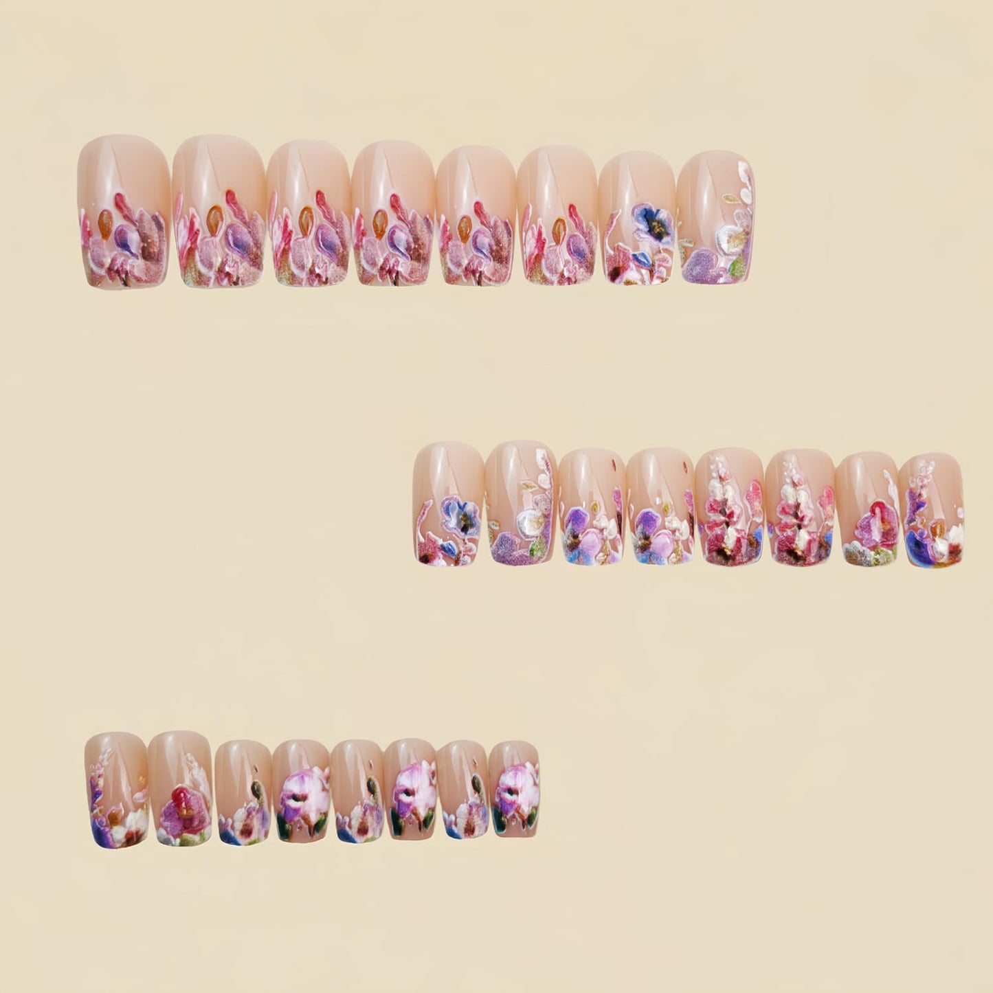 Flower Press on Nails Short Square Fake Nails with Floral Designs Nude Pink False Nails Press ons Spring Summer Stick on Nails Colorful Flower Glue on Nails for Women Manicure