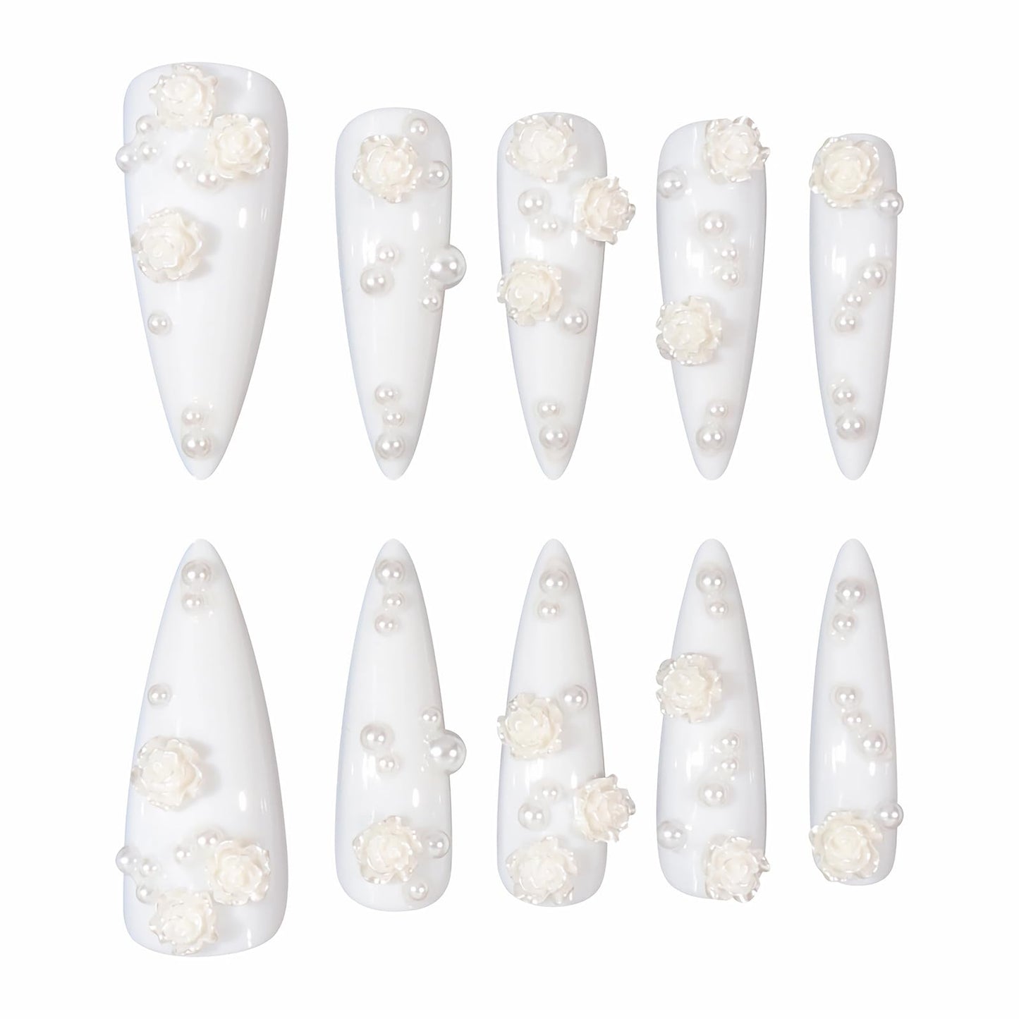 MISUD Press on Nails - Long Stiletto Fake Nails with White Flower Pearl, Acrylic Wedding Design 24 pcs